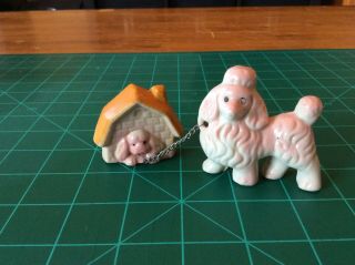 Vintage Pink Poodle Figurine Set - Mom & Puppy In Dog House - Chained - Ceramic