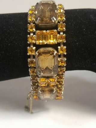 Vintage Wide Amber Colored Prong Set Rhinestone Bracelet With Safety Chain 5995