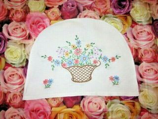 1950’s Vintage Linen Embroidered Tea Cosy Cover 15”x11 " Basket Of Flowers