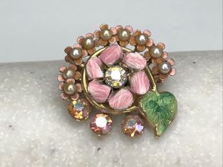 Vintage Coro Pink Enamel Flower Brooch Pin W/ Faux Pearls & Ab Rhinestones