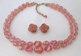 Vintage Faceted Pink Lucite Bead Necklace Earrings West Germany