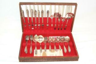 Vintage National Silver Co A - 1 Silverplate Flatware 54 Piece Set With Wood Box