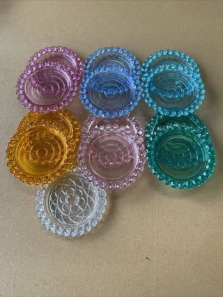 12 Vintage Plastic Colorful Jewel Tone Party 3.  75 " Drink Coasters Holders 1950’s
