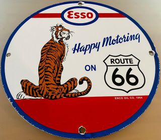 Vintage Esso On Route 66 Gasoline Porcelain Sign Service Station Pump Plate Oil