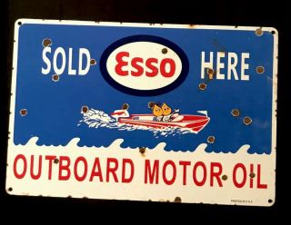 Vintage 1950’s Esso Outboard Motor 18” Porcelain Sign Car Truck Oil Gas Gasoline