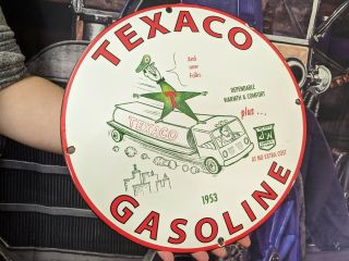 Vintage Dated 1953 Texaco Gasoline Porcelain Gas Station & Motor Oil Pump Sign