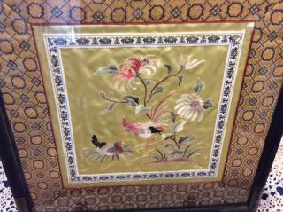 Vintage Asian Oriental Framed Embroidered Silk Wall Art - Flowers With Roosters