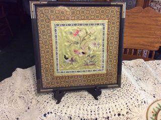 Vintage Asian Oriental Framed Embroidered Silk Wall Art - Flowers with Roosters 2