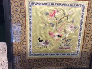 Vintage Asian Oriental Framed Embroidered Silk Wall Art - Flowers with Roosters 3