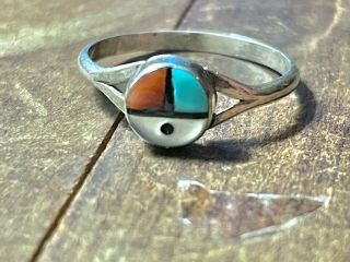 Vintage Zuni Sterling Silver Turquoise Coral Onyx Mop Sunface Ring Size 5.  5,  1.  5g