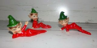 Vintage Artmark Christmas Pixie Elf Ceramic Figurines Red With Green Hats Japan