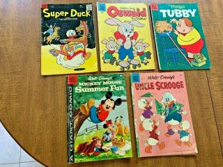 5 Vintage Comic Books: Uncle Scrooge,  Mickey Mouse,  Duck,  Tubby,  & Oswald