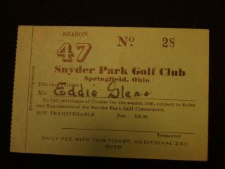 Vintage 1946 Snyder Park Golf Club Springfield Ohio Paper Season Pass Ticket Vgc