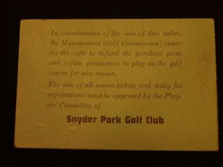 Vintage 1946 Snyder Park Golf Club Springfield Ohio Paper Season Pass Ticket VGC 2