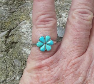Vtg Native American Artisanturquoise Flower Petit Point 925 Silver Ring Size 5