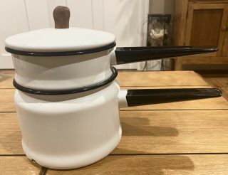 Vintage Enamelware Double Boiler Pot White Enamel Black Trim Wooden Knob