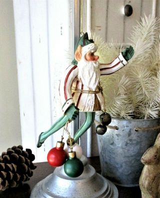 Santa Claus Elf W/ Balloons & Bells House Of Hatten Vintage Christmas Ornament