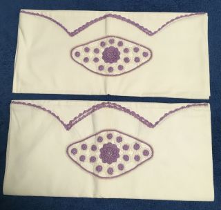 2 Vintage Crochet & Embroidery Pillowcases Hand Made Purple & White Linen