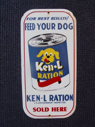 Vintage Ken - L Ration Dog Food Here Painted Metal Advertising Pet Sign
