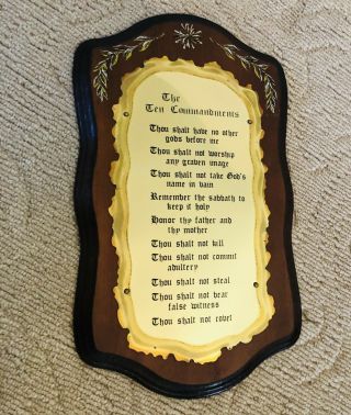 Vintage Ten Commandments On Wood Plaque With Brass - Carved Wood Detail 3