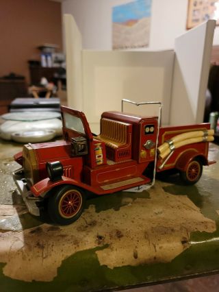 Vintage Tin Litho Battery Operated Toy Fire Truck Harina Gangu S.  H Made In Japan