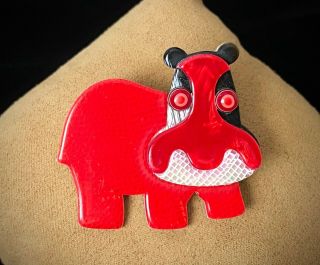 Vintage Lea Stein Paris Googly Eyed Red Hippo Pin Brooch