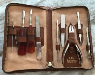 Vintage Prim - Germany Leather Case 9 Piece Manicure/pedicure Grooming Kit