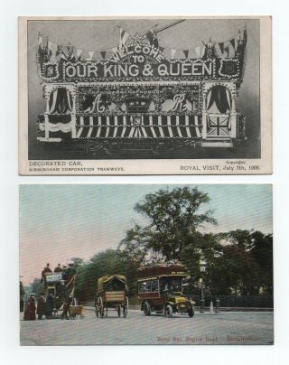 2 Vintage Postcards Birmingham Warwickshire - Decorated Tram 1909 - Buses