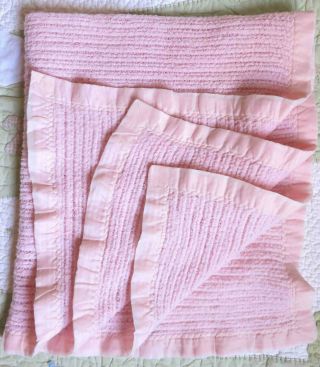 Vintage Pink Acrylic Woven W Nylon Satin Edge Baby Girl Blanket Vguc Chatham?