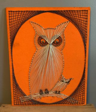 Vtg Mid Century Modern Mcm Retro Owl Nail String Wall Art Board Orange Handmade