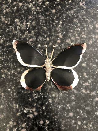 Vintage Big 3 1/4 " Black Enamel Butterfly Brooch Pin Realistic Body