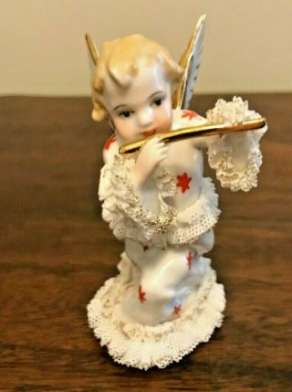 Vintage Irish Dresden Porcelain Lace Angel With Flute 4 "