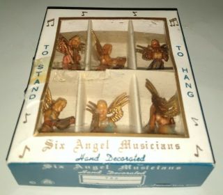 Vtg Set 6 Plastic Angel Musicians Christmas Ornaments Or Statues 782,  Orig Box