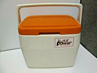 Vtg 1980 Coleman Lil Oscar Cooler Ice Chest Lunch Box 5272 Orange W/can Holders