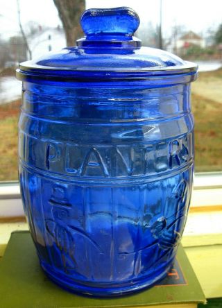 Vtg Planters Running Mr Peanut Cobalt Blue Glass Barrel Jar Store Display Cookie
