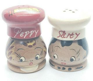 Vintage Wooden Chefs Salt And Pepper Shakers Japan Cute Salty Peppy