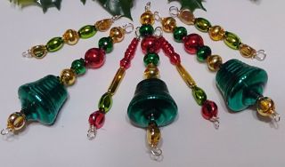 Mercury Glass Bead Icicle 7 Christmas Ornaments Green Bells Red Gold Czech