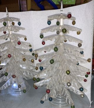 Vintage 50s Crystal Pine Plastic Christmas Tree With Ornaments Set Of 2 11” Tall
