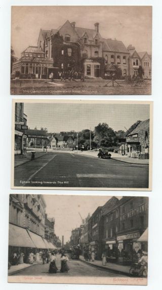 3 Vintage Postcards Surrey - Richmond / Egham / Mitcham