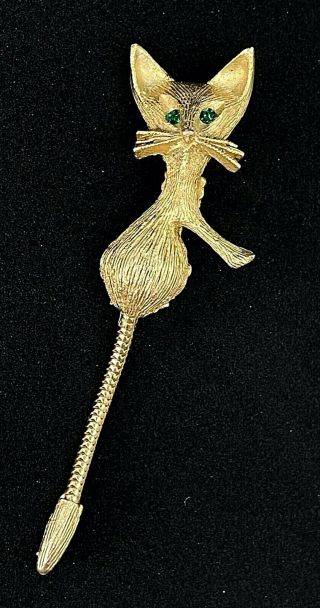 Vintage Gold Tone Rhinestone Kitty Cat With Long Tail Brooch 2 3/4 " I07