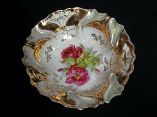 Antique Vintage Porcelain Gold Gilded & Rose Floral Deep 10” Serving Bowl
