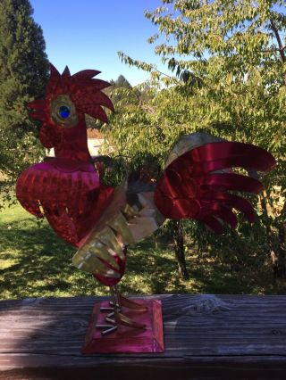 Vintage Mexican Punched Tin Metal Rooster Figurine Glass Eyes 14 " Red And Pink