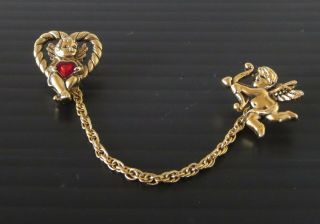 Vintage Avon Gold Tone Red Enamel Heart Cupid With Arrow Chatelaine Pin Brooch