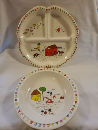 Vintage Anacapa Melamine Ware Children’s Farm Animals Sectioned Plate & Bowl