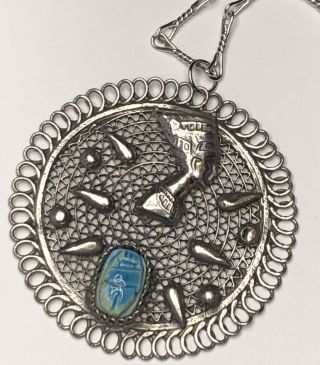 Vintage Egyptian Revival Scarab Nefertiti Silver Pendant Necklace W/monet Chain
