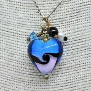 Vintage Sterling Silver Necklace Murano Glass Heart Art Deco 20 Inch O218