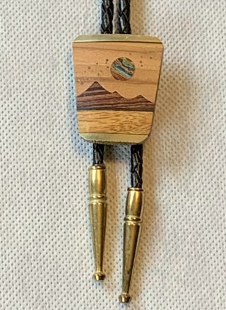 Vintage Wood Inlay Western Bolo Tie With Turquoise