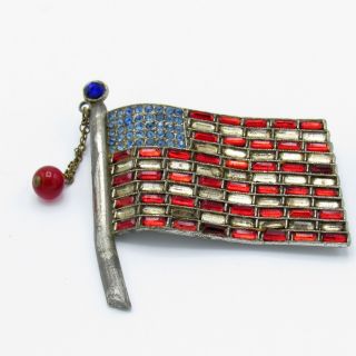 Vintage American Flag Pin Brooch Red,  White Baguettes,  Blue Rhinestones Dangle