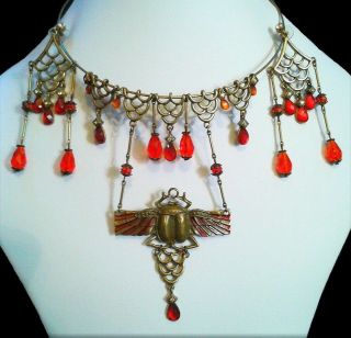 Vintage Art Deco Style Enamelled Egyptian Scarab Beetle Necklace & Earrings Set