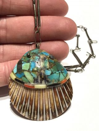 Vtg Santo Domingo Turquoise Inlaid Shell Pendant Sterling Necklace 24”